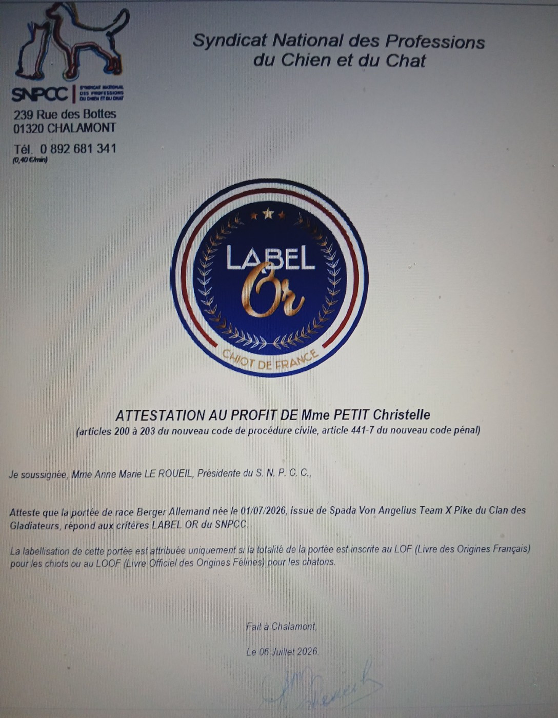 LABELISATION de la PORTEE née le 01 Juillet 2026 par le SNPCC, reconnaissance du travail de selection